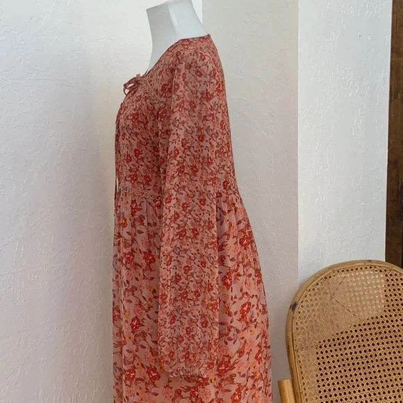 Sheer Fall Long Sleeve Maxi Dress Keyhole Ruffle Tiered Hem Prairie Cottagecore - Picture 7 of 10